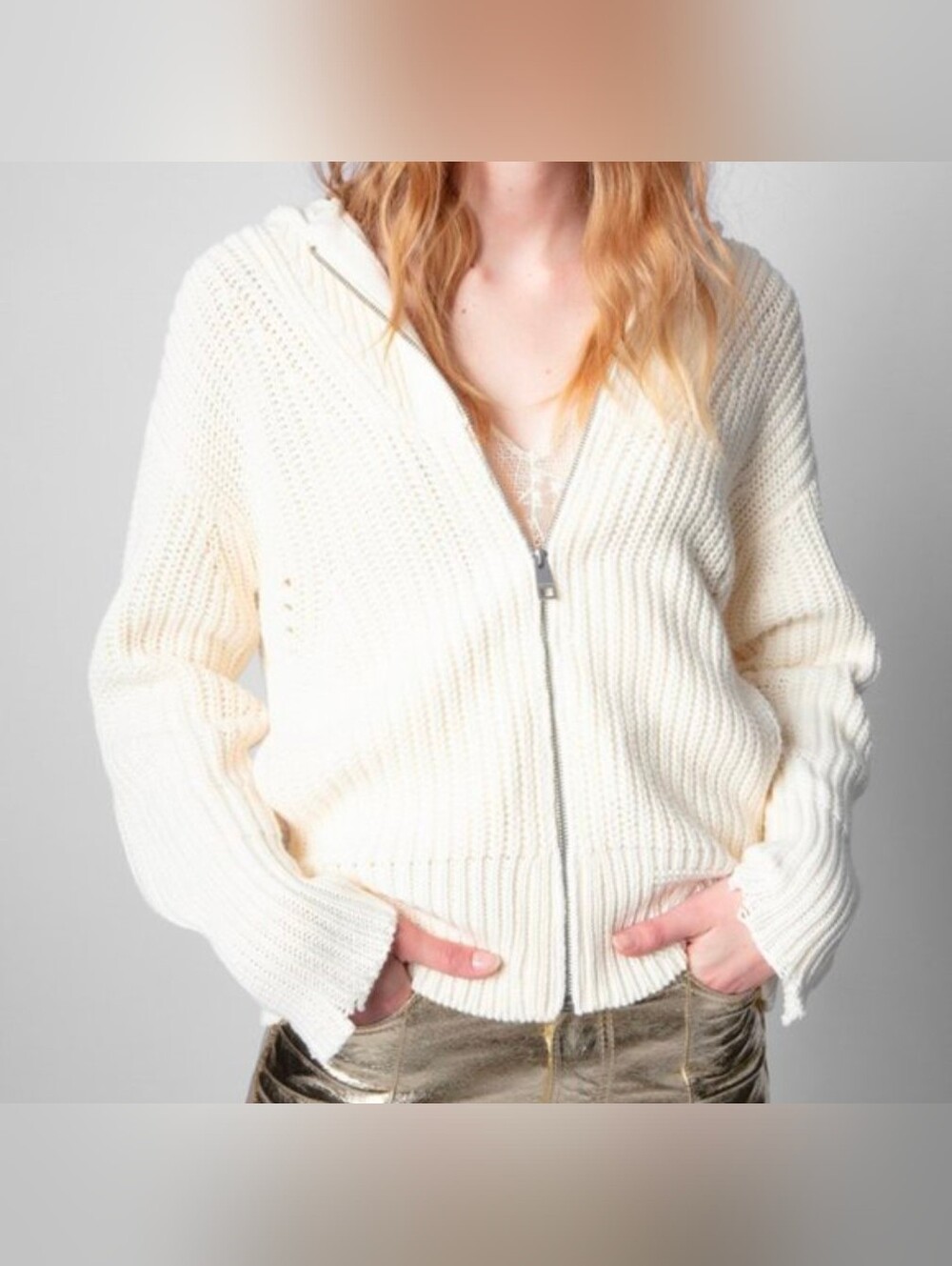 ZADIG & VOLTAIRE •  MOORE CREAM LOGO BACK ZIP UP HOODIE CARDIGAN SIZE MEDIUM - Picture 5 of 10